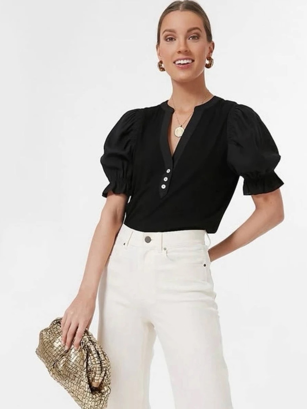 Pomander Place Black Short Puff-Sleeve Split V-Neck Blouse